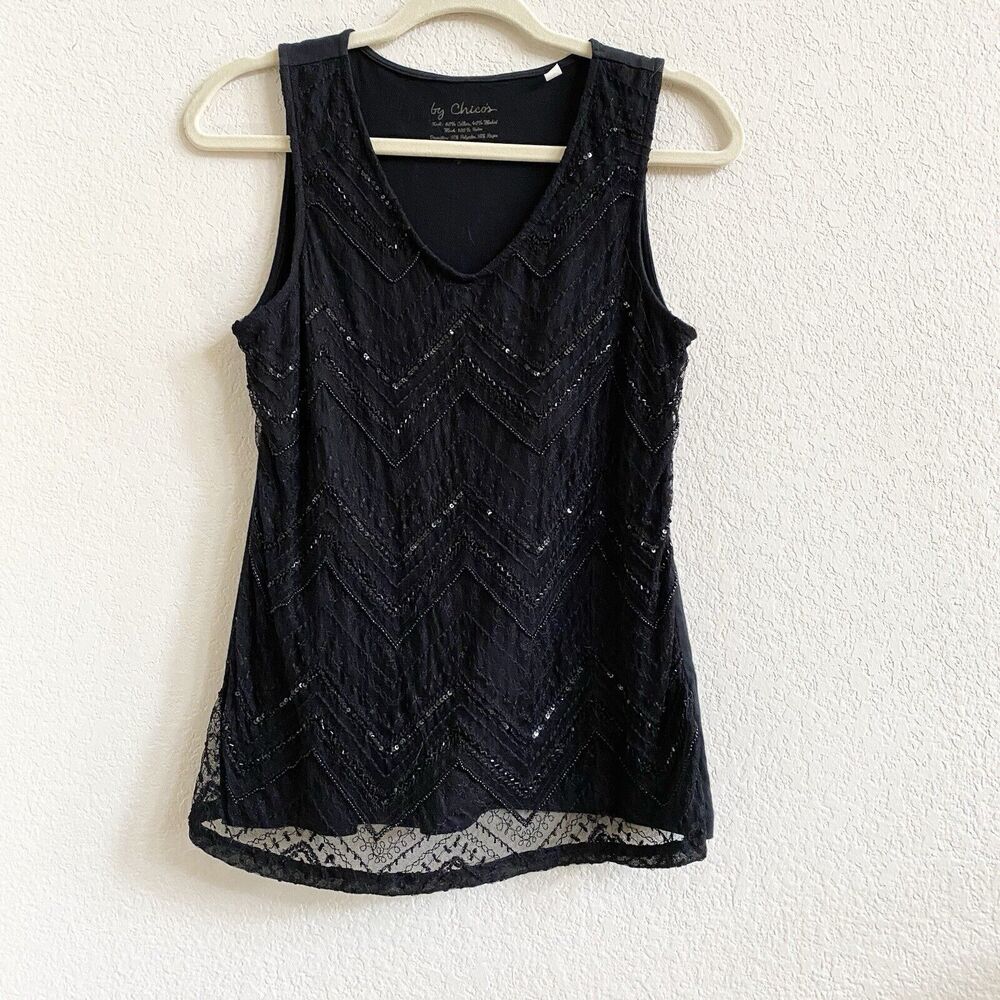 Chico's Women’s Black Sleeveless Beaded Sequins Round Neck Tank Top Size 1 Small